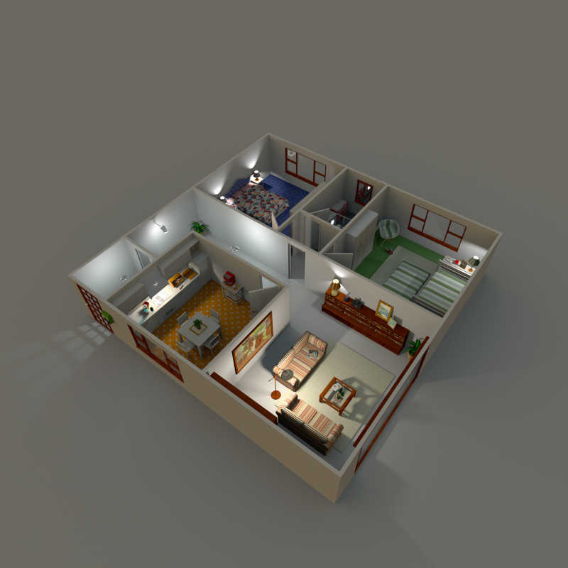 灯光下的公寓3D室内渲染