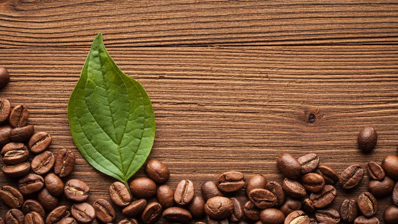 木桌上的咖啡豆与一片叶子