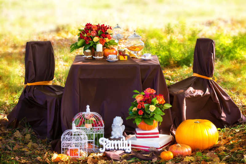 秋季公园浪漫晚餐褐色布装饰桌椅