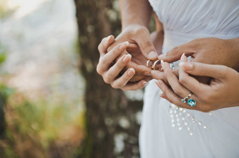 结婚夫妇双手拿着的结婚戒指