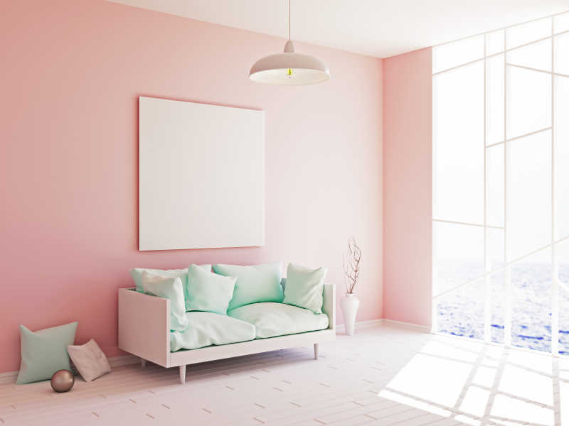 粉红色现代装修和墙上的空白框