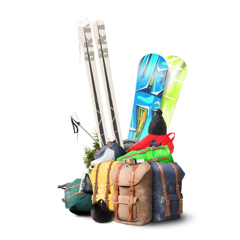 白色背景下滑雪旅游者的行李背包
