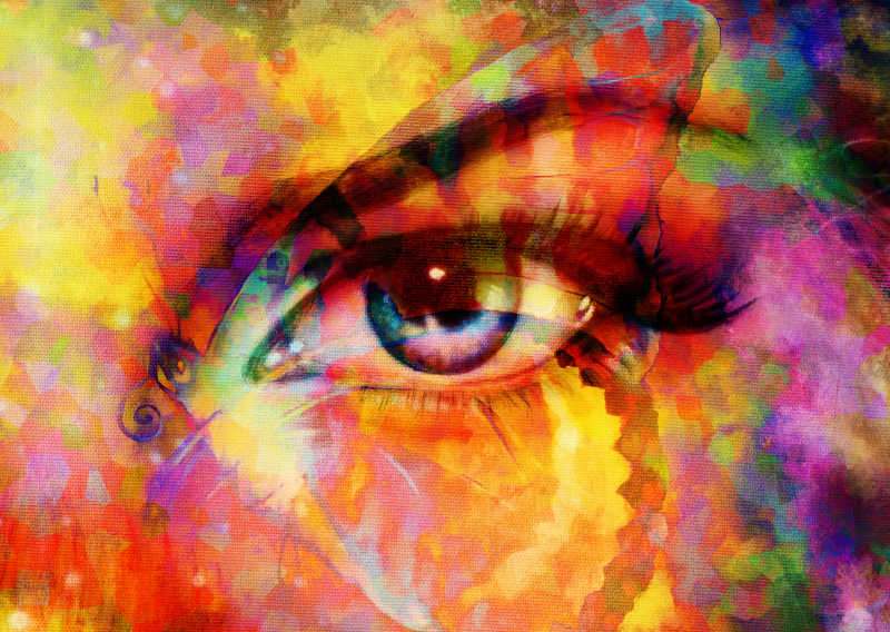 抽象背景彩色眼睛和蝴蝶混合水彩画