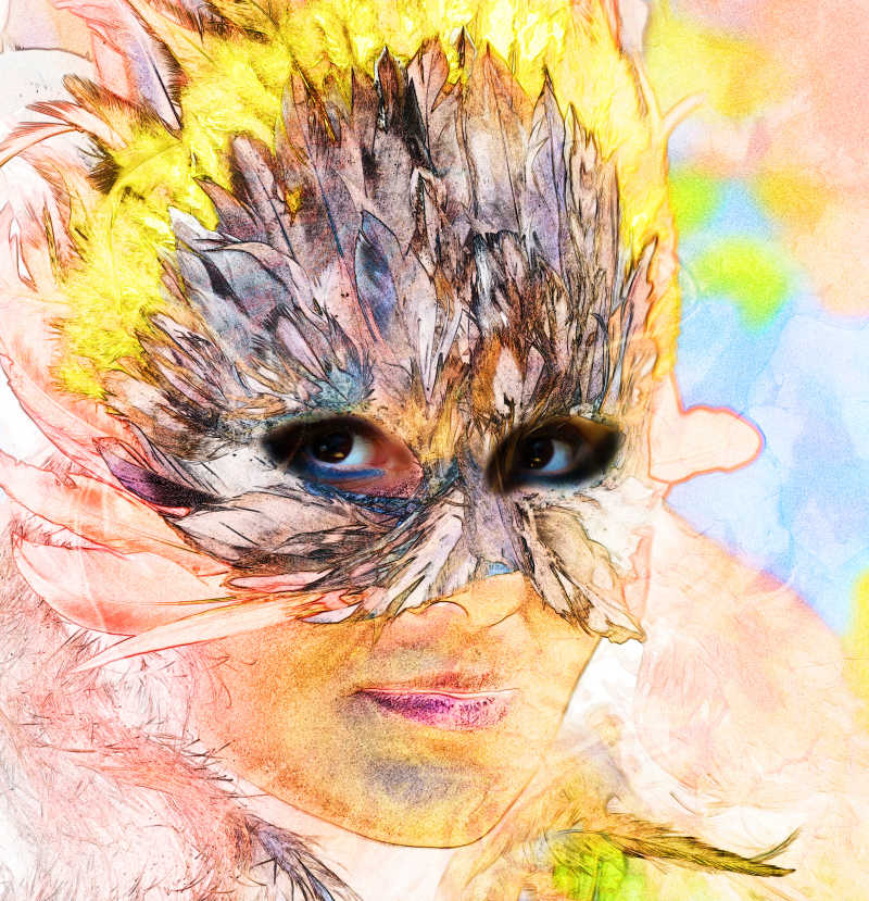 年轻的女人戴着羽毛面具的抽象水彩画