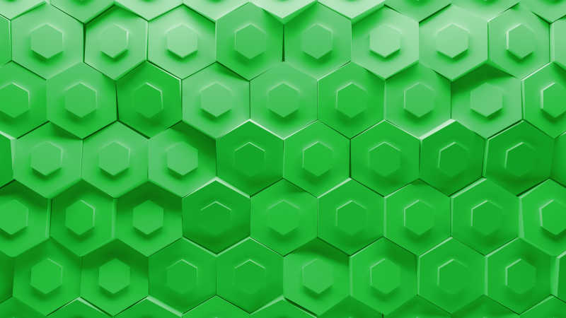 由随机旋转六角形图案元素构成的绿色3D背景