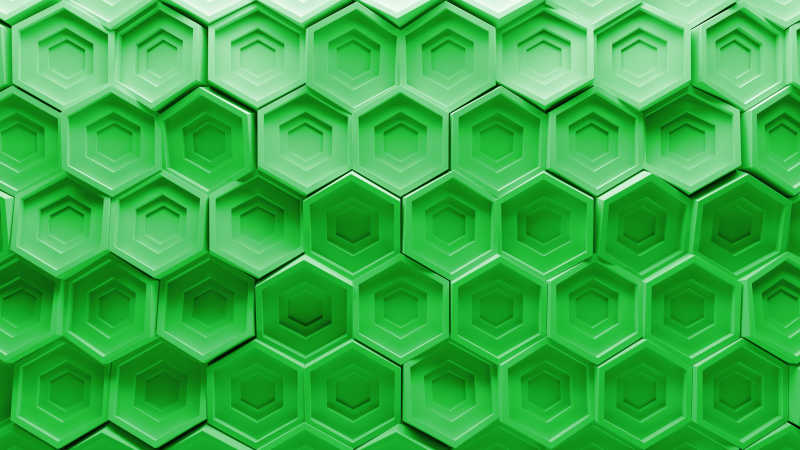 由随机旋转六角形图案元素组成的绿色3D背景