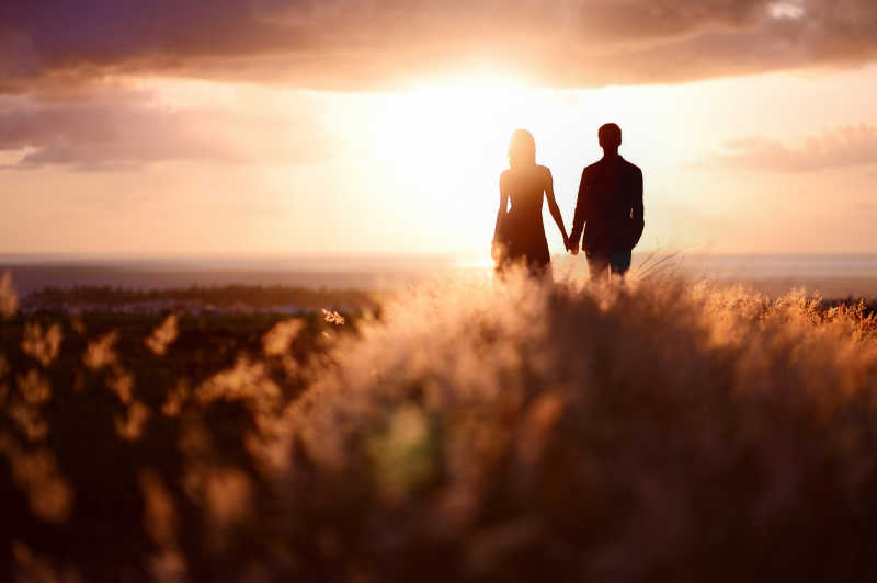 日落晚霞下草地上欣赏日落的年轻夫妇