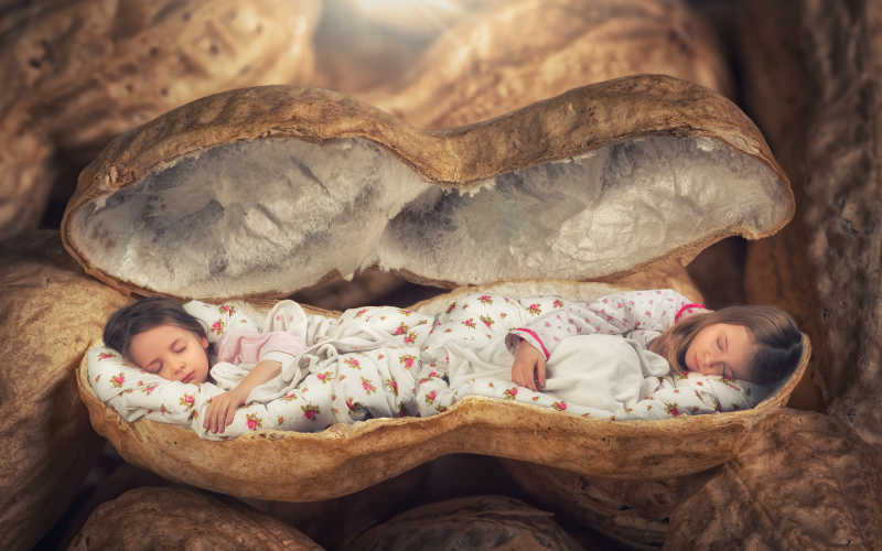 花生壳里的两个睡着的小女孩创意特写