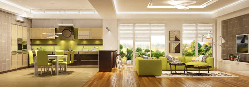 现代的居室的客厅与厨房