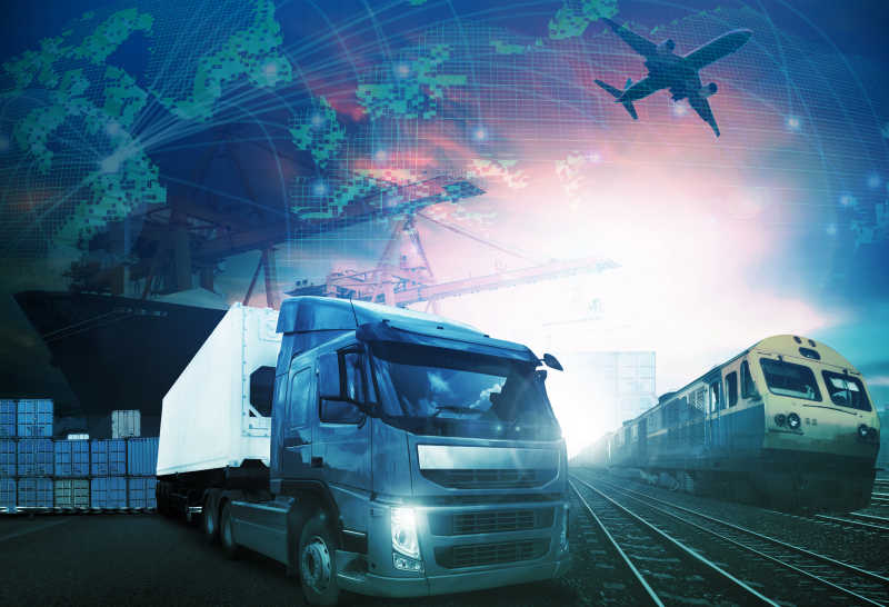 世界贸易与工业卡车火车轮船和空运货物