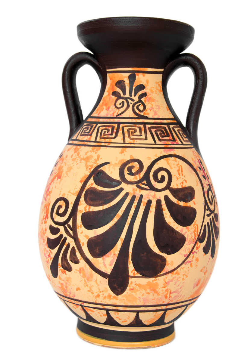 在白色背景下的古希腊橙色花瓶