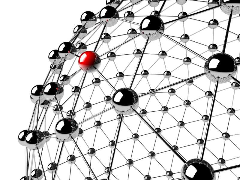 与其他灰色相连的红色球体体现了互联网和网络概念