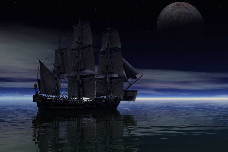 大帆船停在平静的海面上