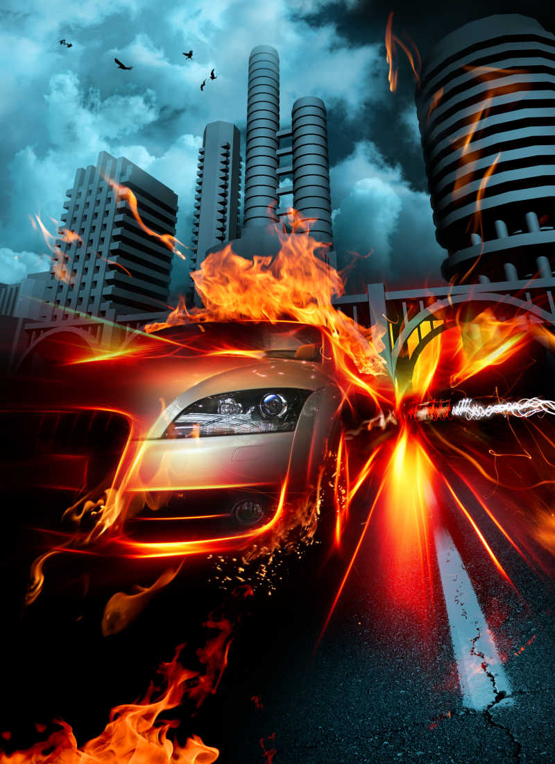 城市中带有火焰特效的汽车