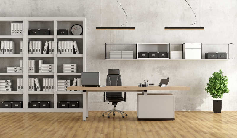 黑白现代办公桌和书柜