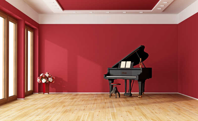 大红色的房间与黑色大钢琴