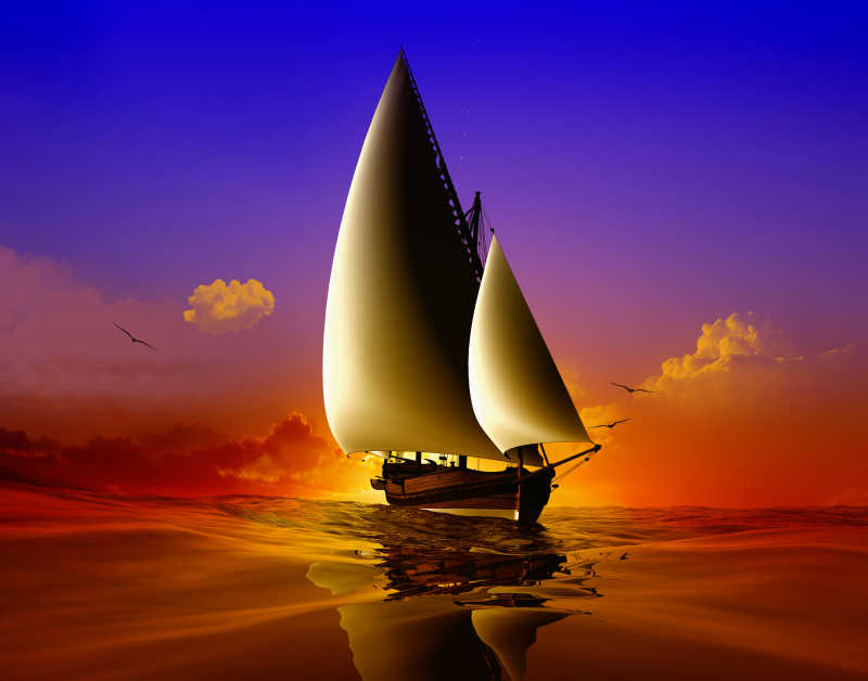 夕阳下海鸥在帆船上飞行着