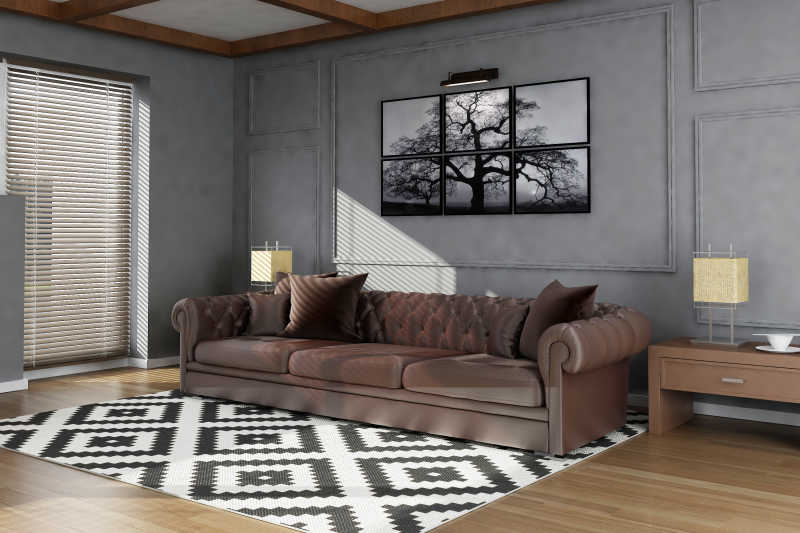 客厅和棕色的皮沙发