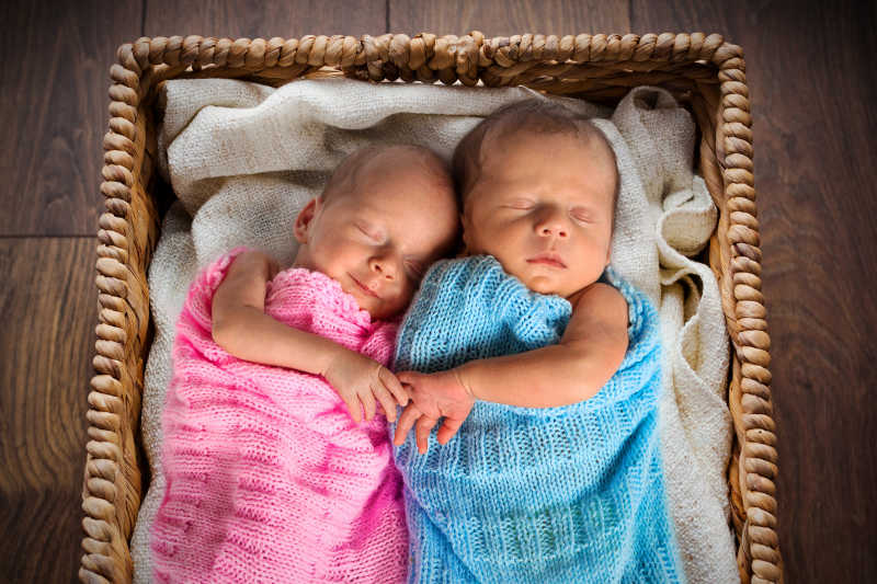 睡在柳条编制的婴儿床的双胞胎宝宝