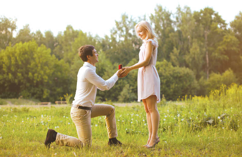 草地上求婚的甜蜜情侣