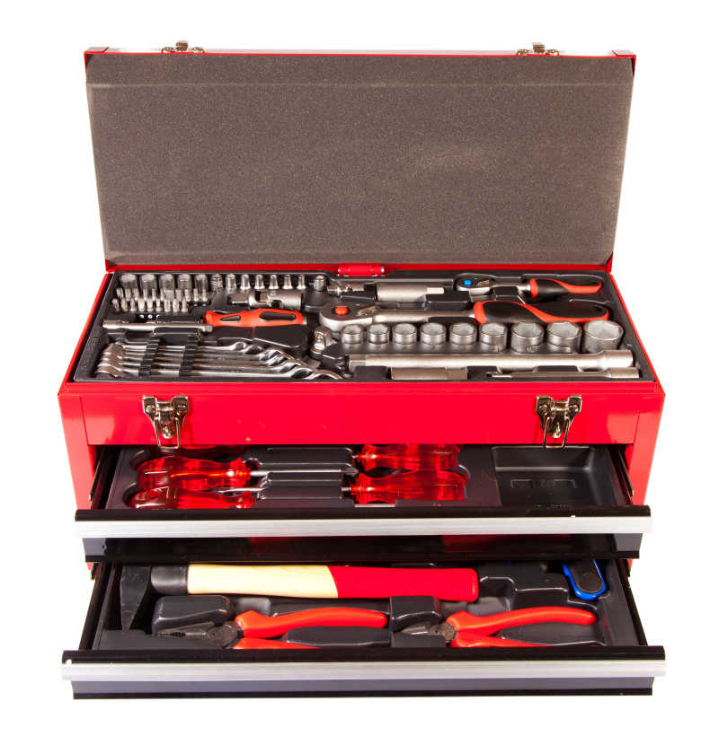 红色工具箱摆放整齐的工具