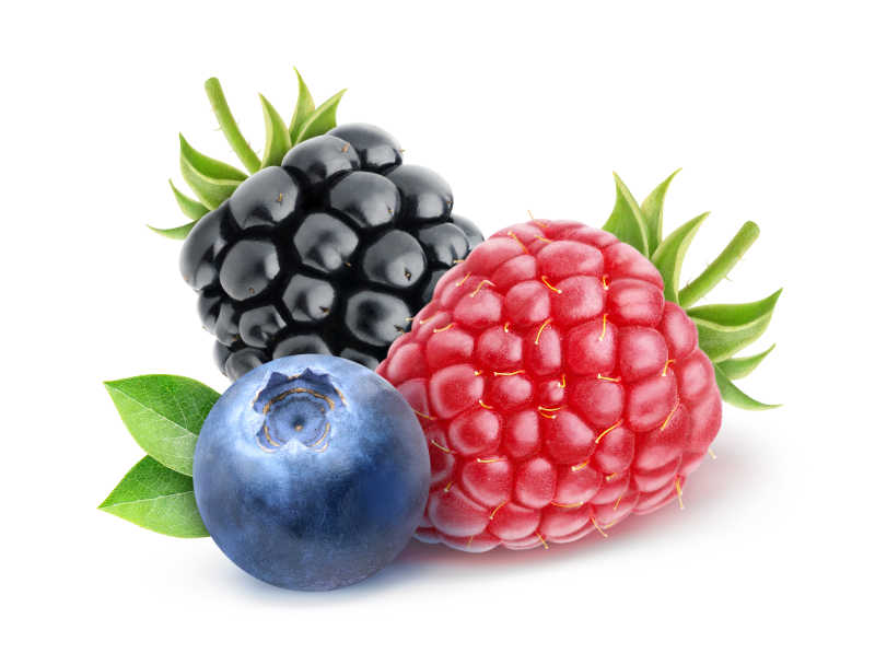 白色背景下的蓝莓黑莓浆果等水果特写