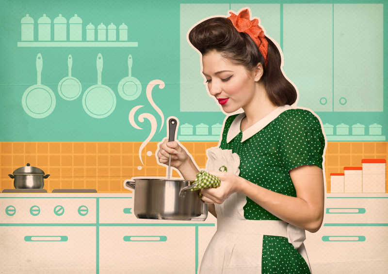 年轻的家庭主妇在厨房里做饭的海报