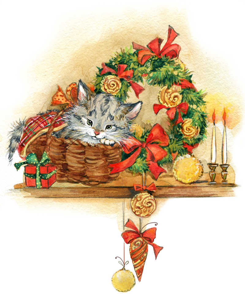 新年花篮里的猫咪插画