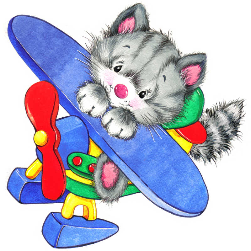 玩着玩具飞机的猫咪插画