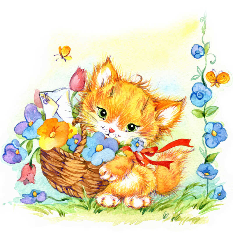 抱着放有鲜花蓝子的可爱猫咪插画