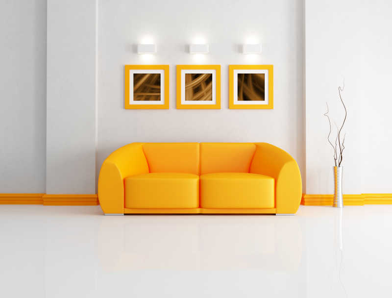 白色现代客厅装修橙色沙发