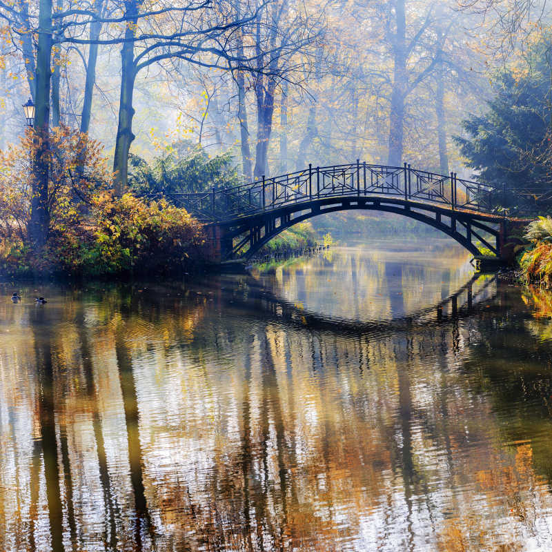 秋天风景下小河上的拱桥
