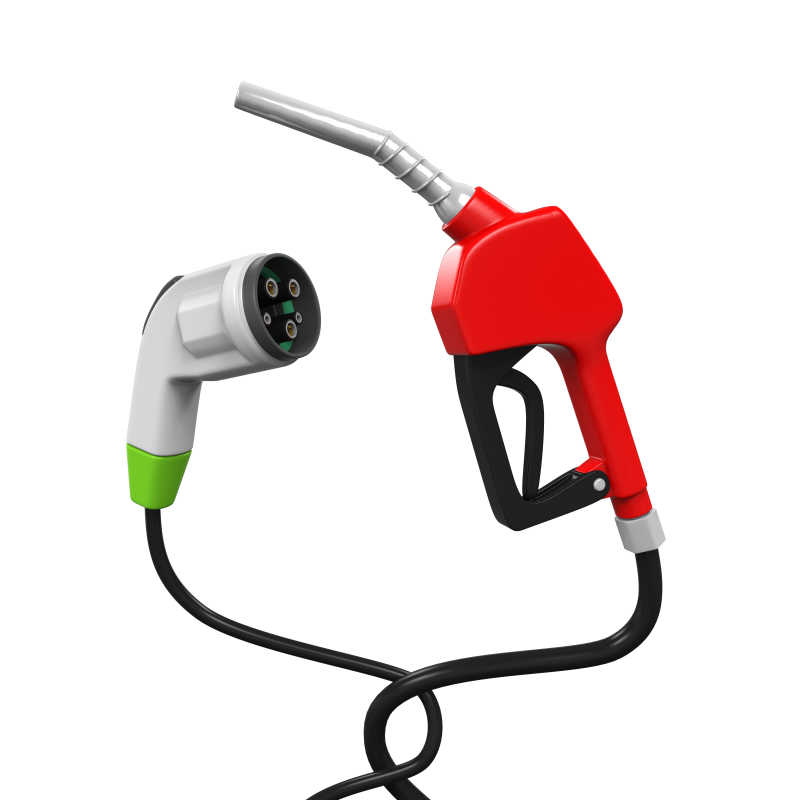 白色背景下的绿色电动车充电插头及红色加油枪