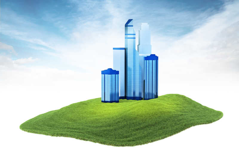 绿色环保草地与摩天大楼模型