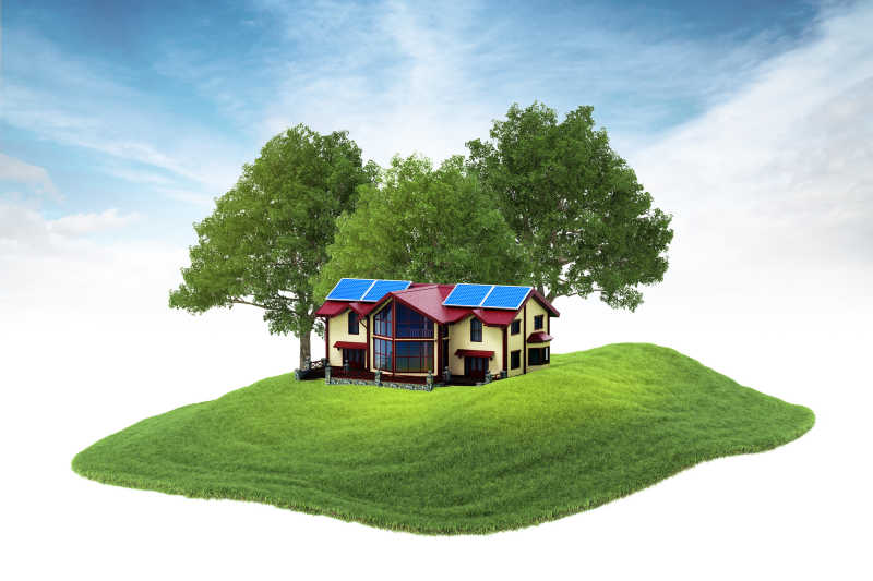 三维插画环保草地树木与房屋