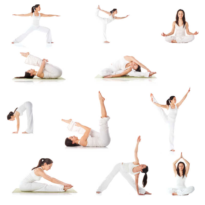 白色背景下年轻女孩展示瑜伽的各种姿势
