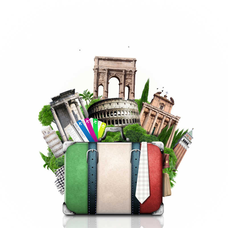 意大利旅游景点和复古旅行箱