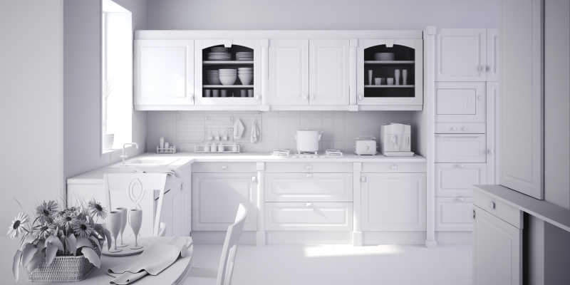 黑白图片里一个现代化的厨房黏土
