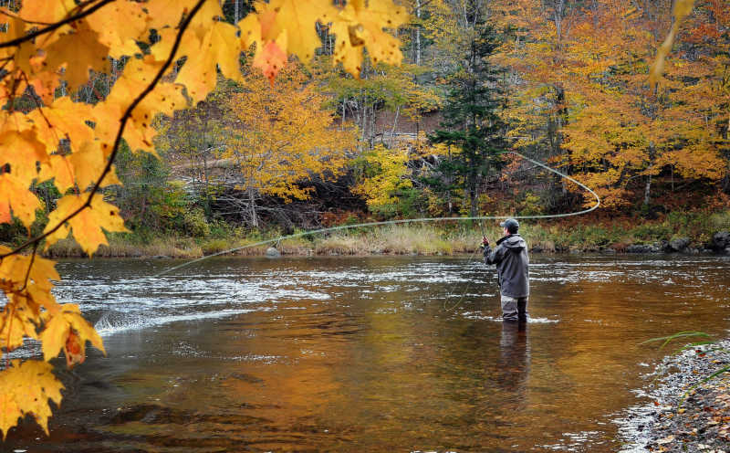 秋季站在河里钓鱼的渔夫