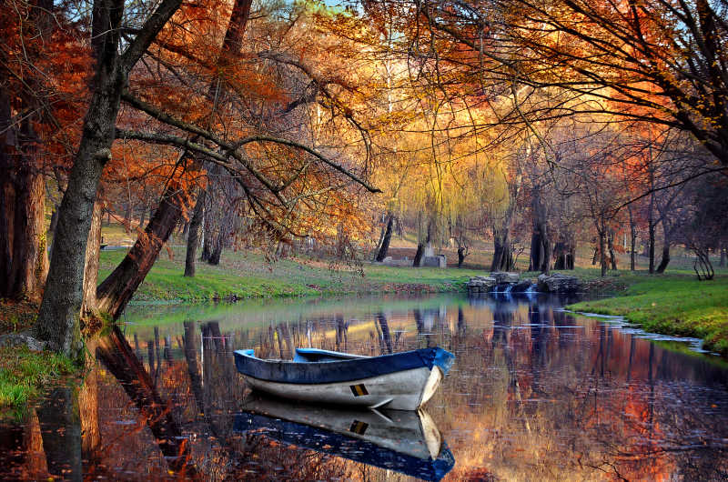 在秋天森林里的湖上划船