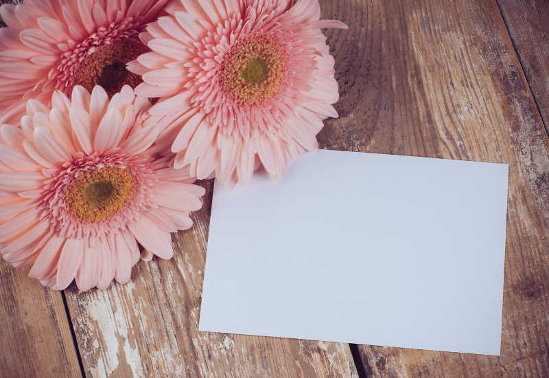 木质桌面上的粉色非洲菊花束和空白卡片
