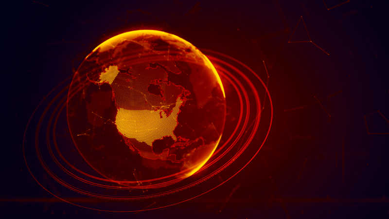 黑色背景下红色的全球数字全息技术展示的地球上的美国国家