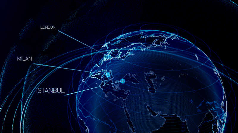 黑色背景下蓝色全球数字全息技术展示的地球上的城市