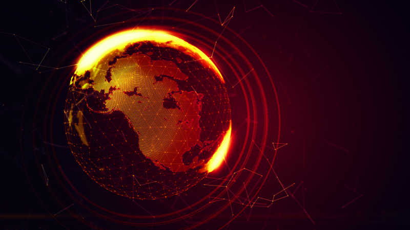 黑色背景下红色与金色全球数字全息技术展示的地球