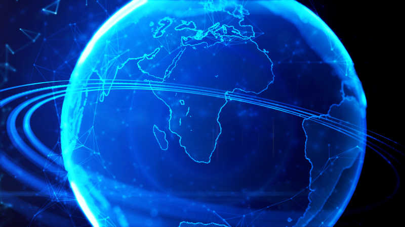 黑色背景下的蓝色全球数字全息技术展示的地球上的非洲板块