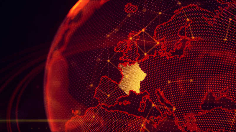 黑色背景下的红色的全球数字全息技术展示的地球上的法国国家