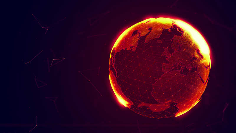 黑色背景下带着网格的虚拟行星地球的3D插图