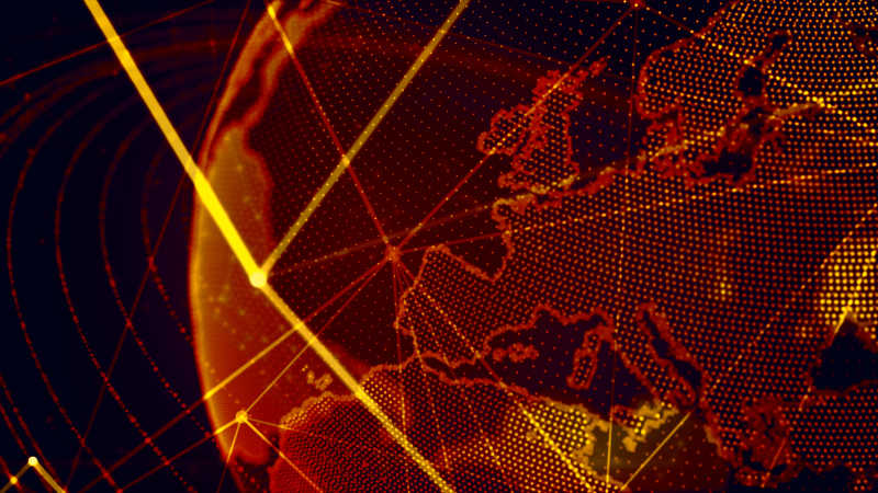 黑色背景下全球数字全息技术展示的地球红色网格线