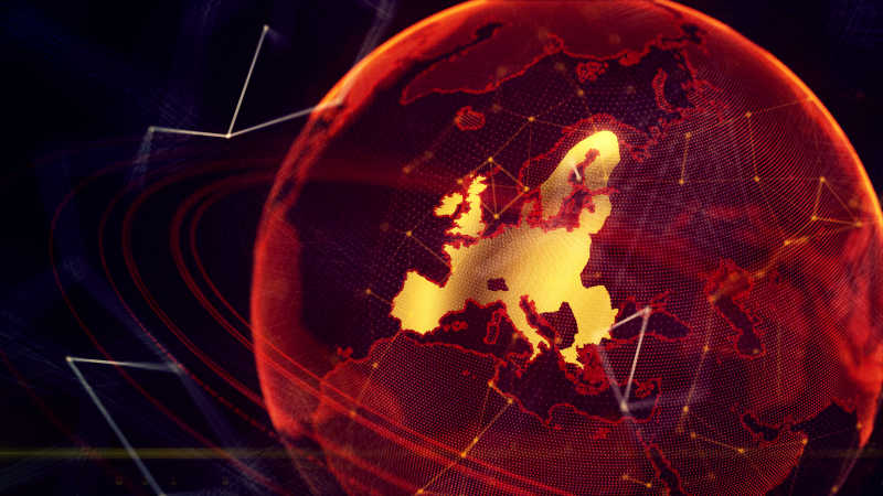 黑色背景下全球数字全息技术展示的地球上的欧洲国家