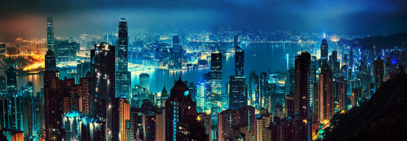 夜晚美丽的香港全景